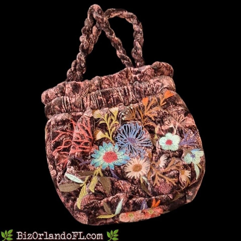 Johnny Was Los Angeles Ulla Velvet Boho Chic Handled Embroidery Flower Bag NWOT
